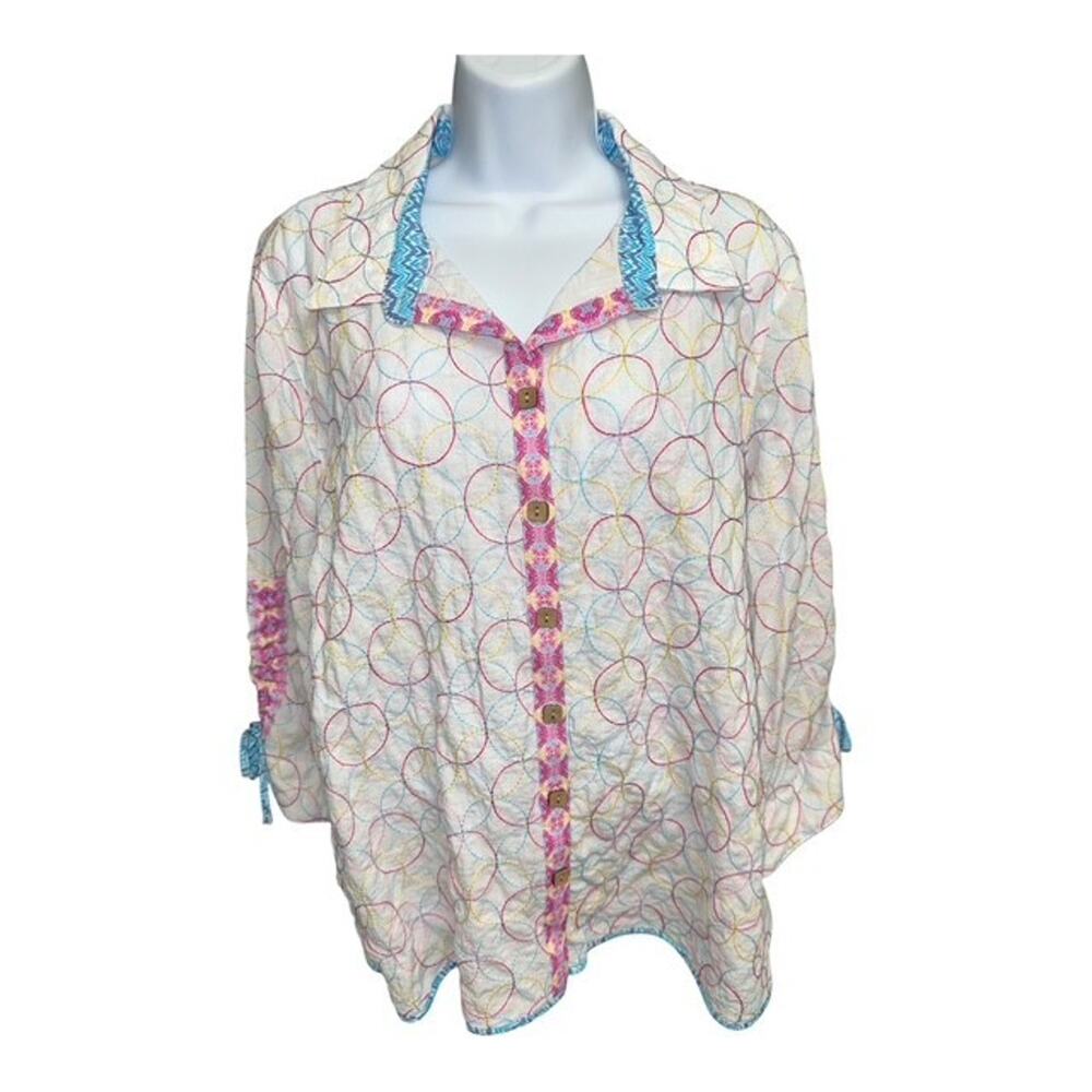John Mark 1X Top BOHO White Pink Blue Embroidered Floral Button Up Ruche Ties